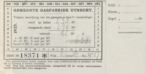 716231 Maandnota van de Gemeente Gasfabriek Utrecht, met op de achterzijde reclame voor het gebruik van gas.